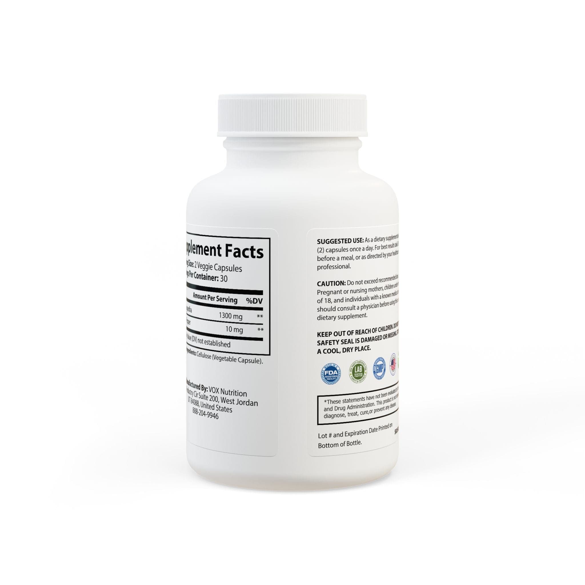 Ashwagandha and Black Pepper Supplement (60 capsules) White bottle + cap / Unflavored / 60 Vegetable capsules Food Supplements