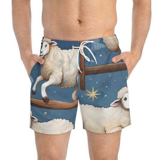 "Don’t Be Sheepish" Men's Swim Trunks – Dreamy Dive Edition 🏊‍♂️🌙 XS / Seam thread color automatically matched to design All Over Prints