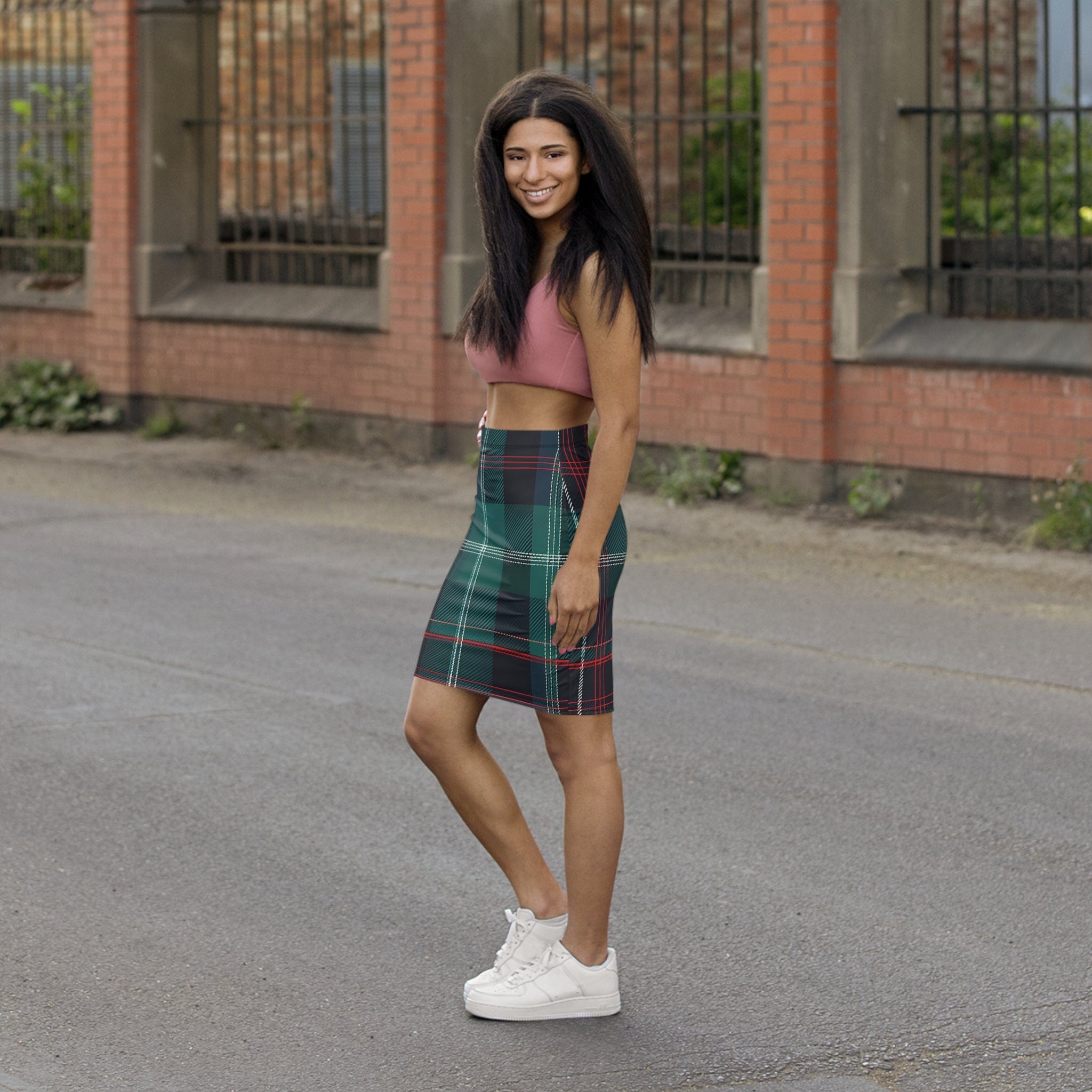 Highland Edge Pencil Skirt – Mid-Waist Tartan Print XS / Black stitching All Over Prints