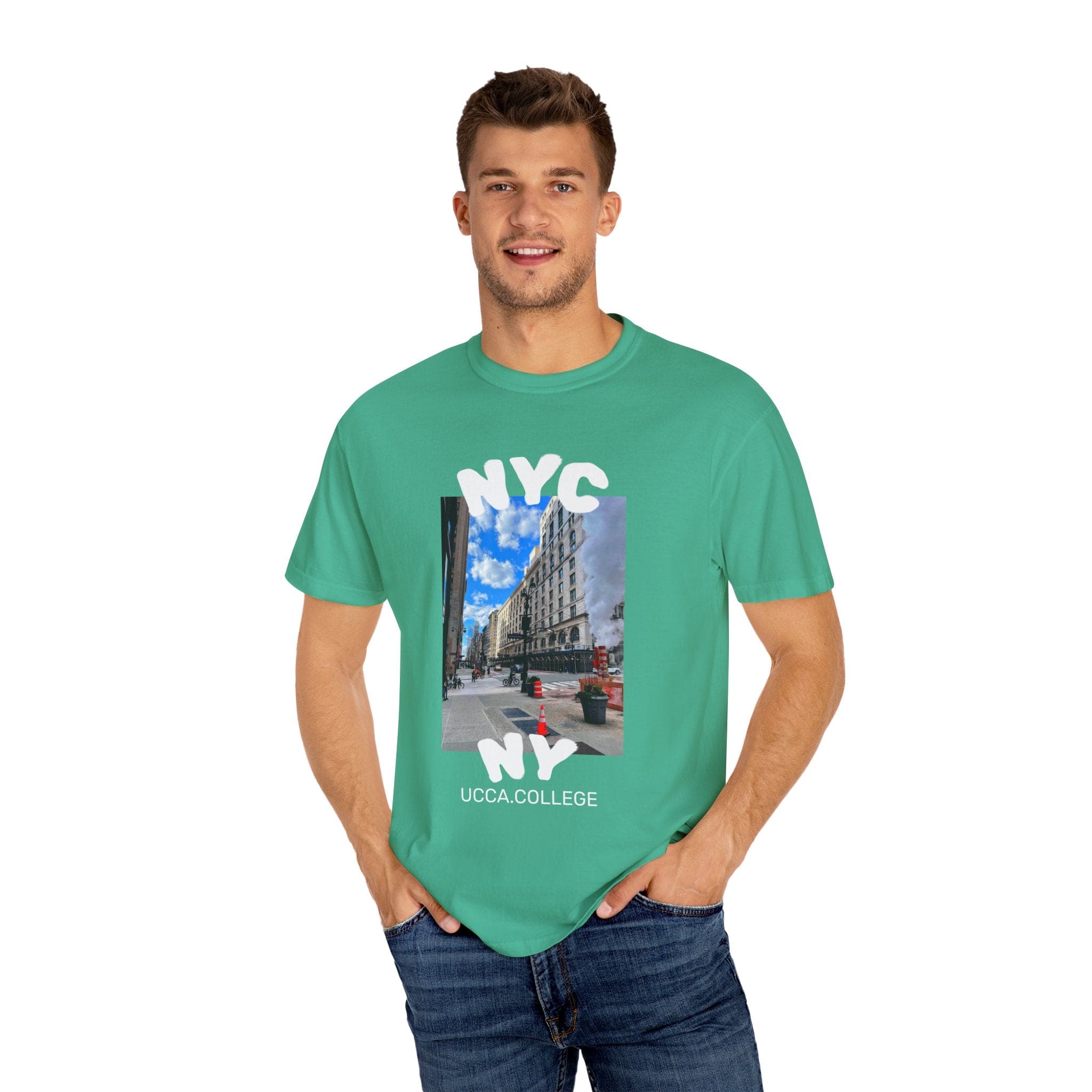 Madison Ave Steam – NYC Street Scene Tee - Mens Island Green / S T-Shirt