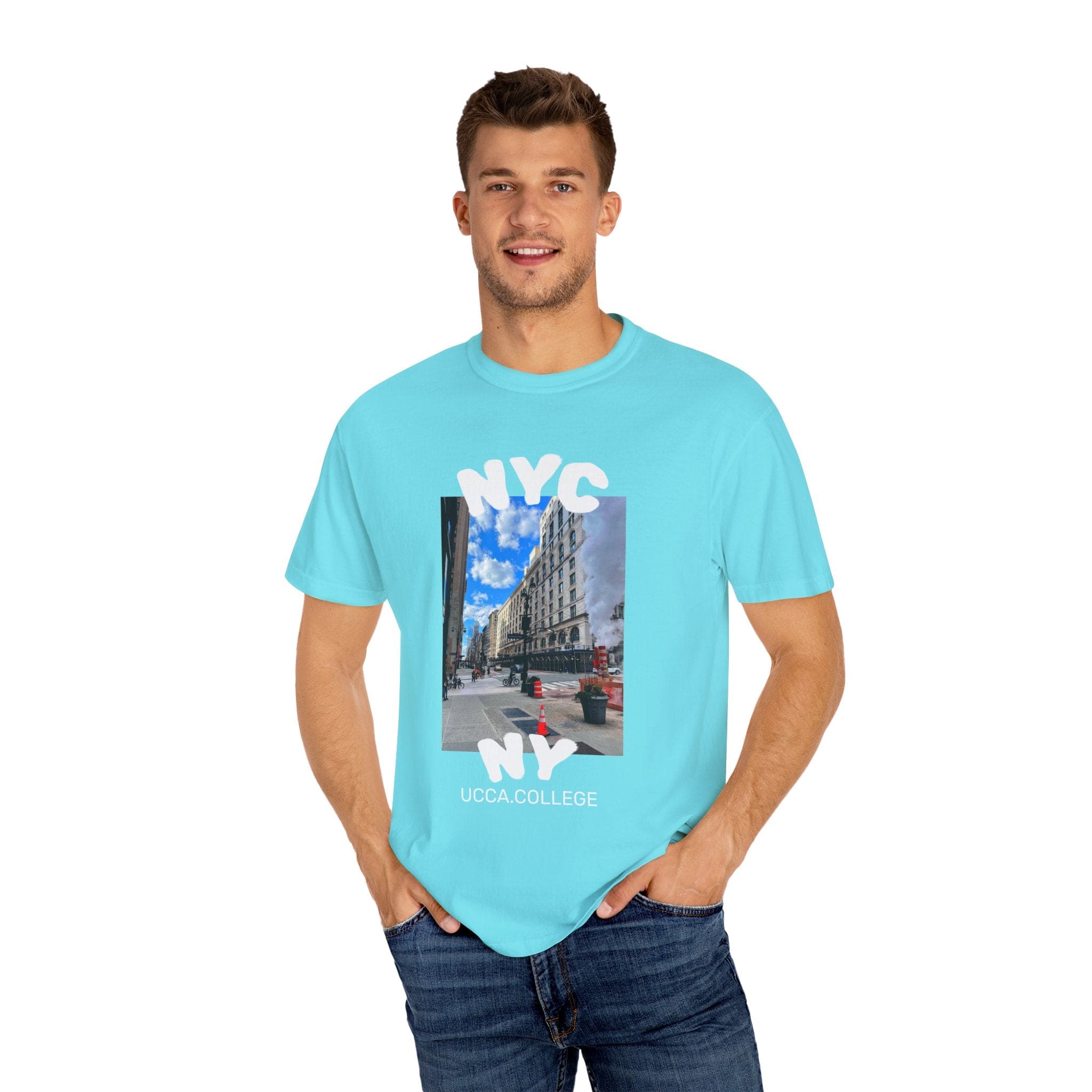 Madison Ave Steam – NYC Street Scene Tee - Mens Lagoon Blue / S T-Shirt