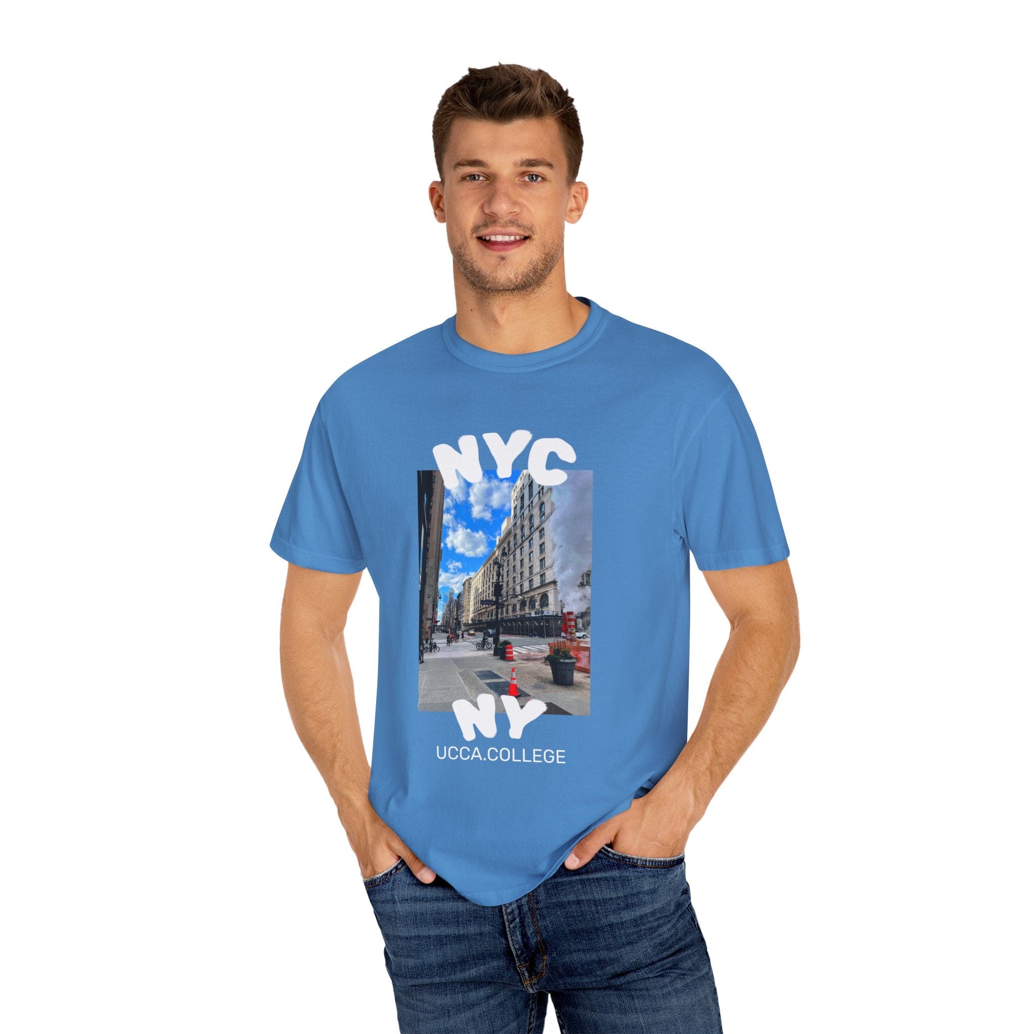 Madison Ave Steam – NYC Street Scene Tee - Mens Royal Caribe / S T-Shirt