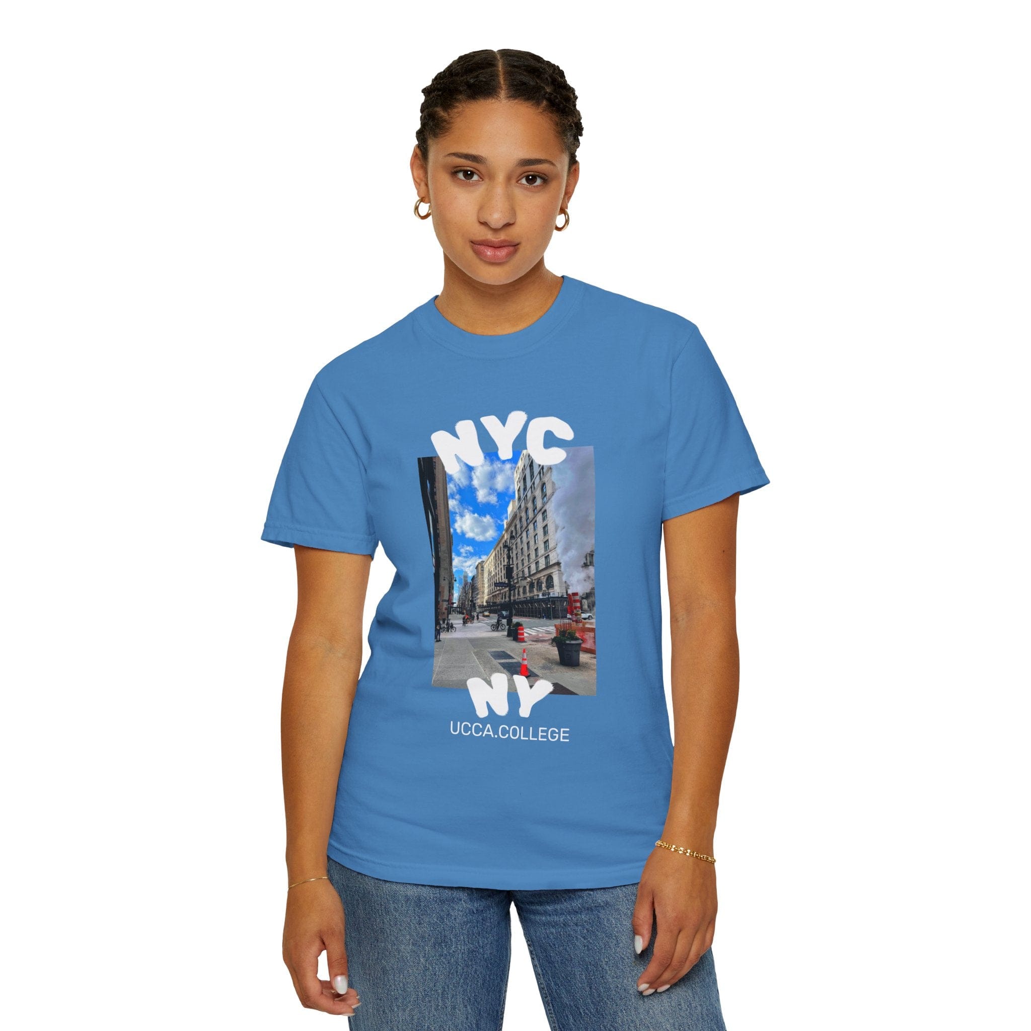 Madison Ave Steam – NYC Street Scene Tee - Womens Royal Caribe / S T-Shirt