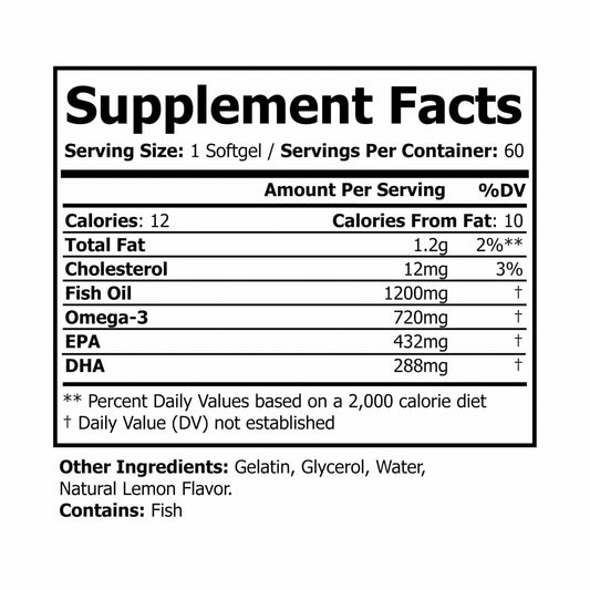 Omega 3 Fish Oil Supplement (60 Softgels) White bottle + cap / Lemon / 60 Softgels Food Supplements