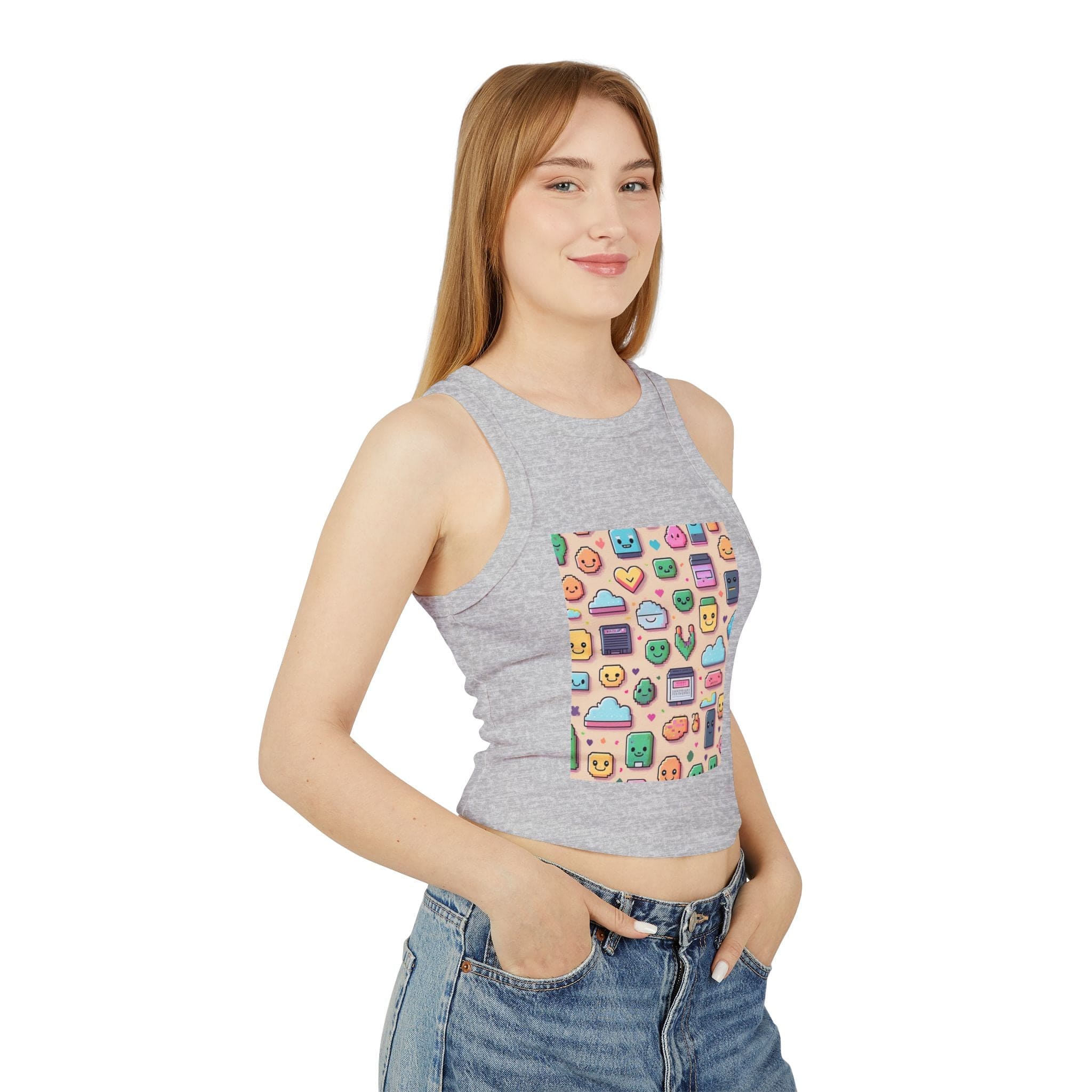 Pixel Party Ribbed Tank – Retro Gamer Crop Athletic Heather / XS Tank Top