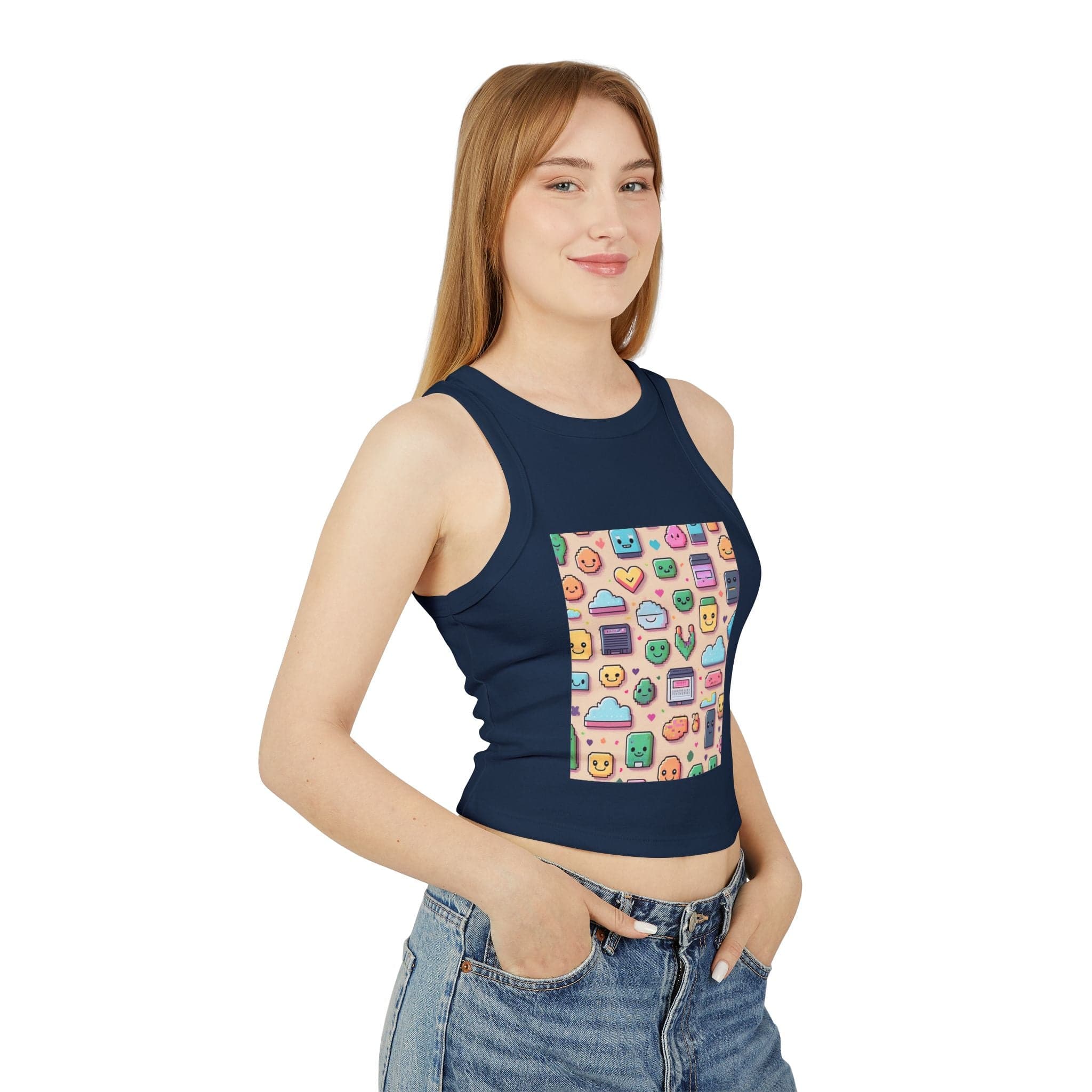 Pixel Party Ribbed Tank – Retro Gamer Crop Solid Navy Blend / XS Tank Top