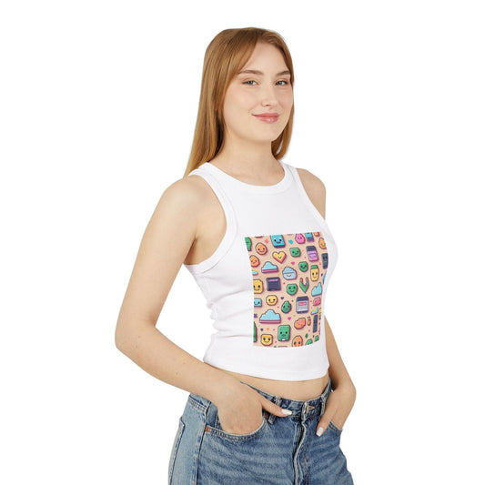 Pixel Party Ribbed Tank – Retro Gamer Crop Solid White Blend / XS Tank Top