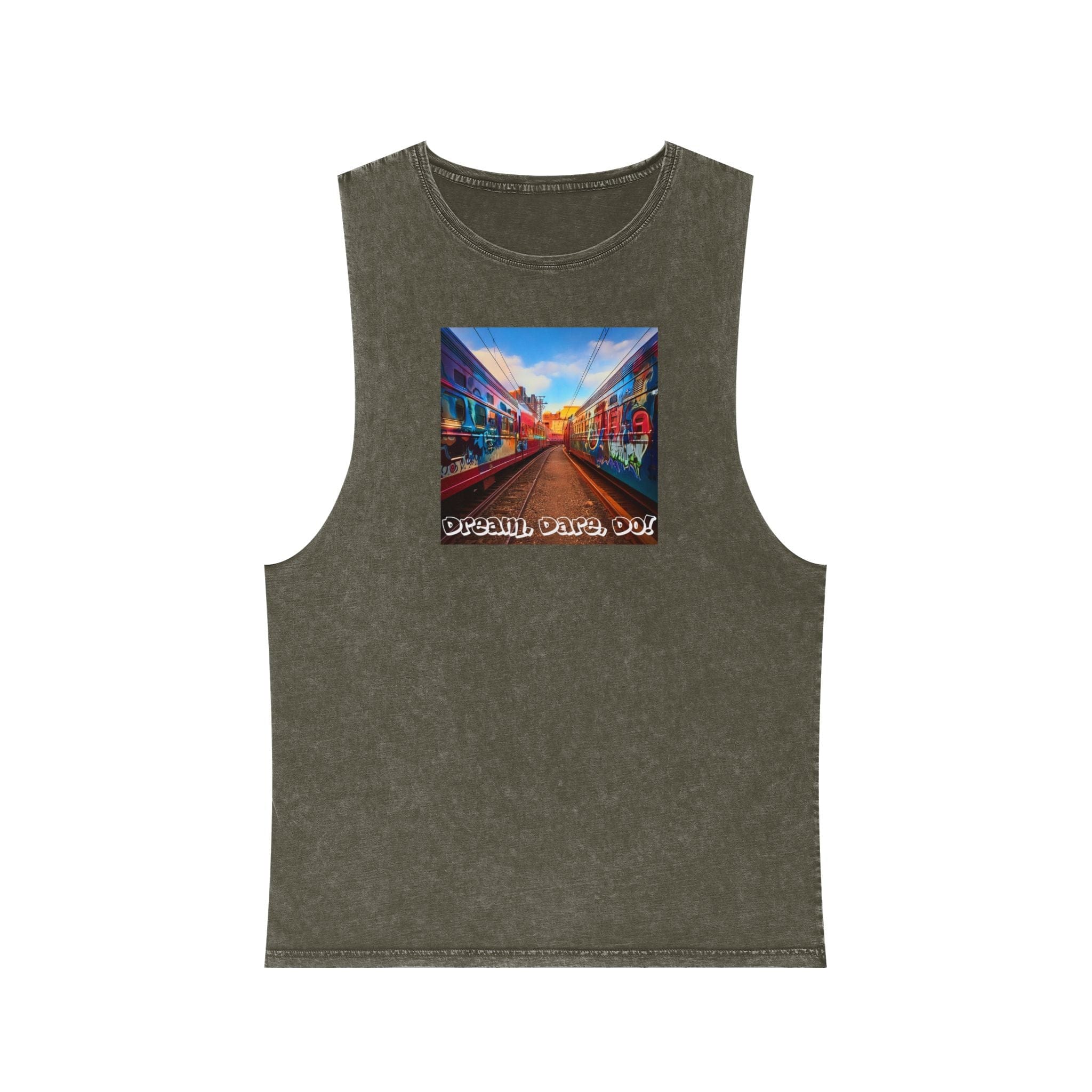 Retro Inspiration, Modern Motivation - Unisex Dual Print Stonewash Tank Top Moss Stone / XS Tank Top