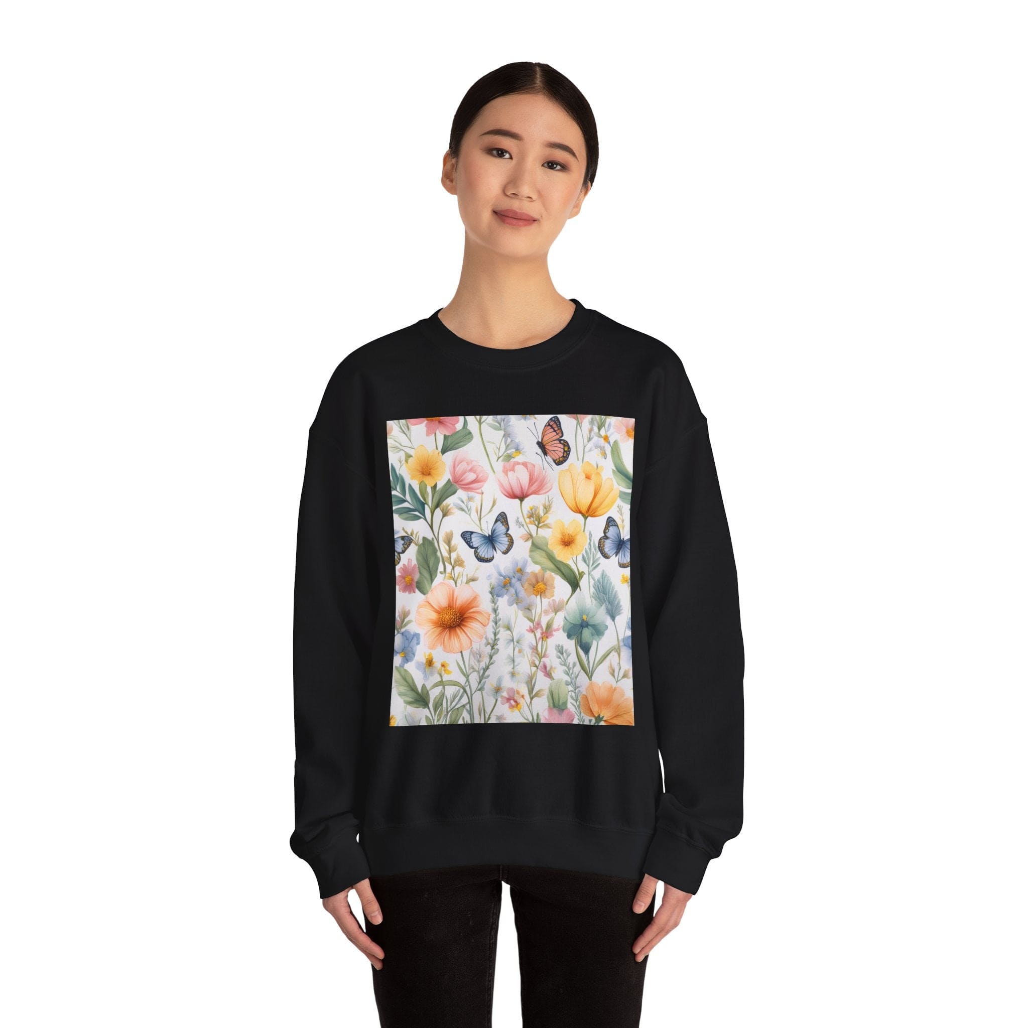 Spring Bloom Crewneck Heavy Blend™ – Floral Serenity Edition 🌸🦋 Black / S Sweatshirt