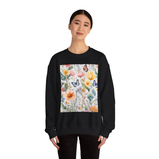 Spring Bloom Crewneck Heavy Blend™ – Floral Serenity Edition 🌸🦋 Black / S Sweatshirt